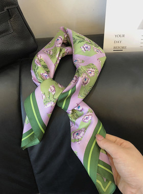 洋气绿紫色100%真丝斜纹绸围巾妈妈桑蚕丝小方巾女丝巾发带夏新款