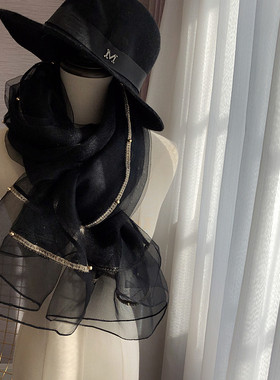 高档金丝真丝围巾女春秋送礼蚕丝欧根纱纱巾黑色长款丝巾披肩礼盒