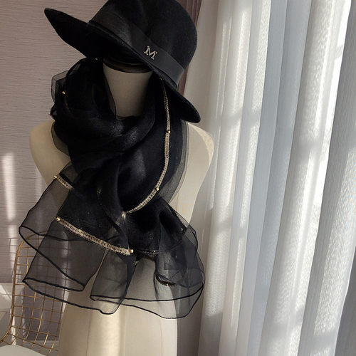 真丝金丝丝巾黑色长款围巾