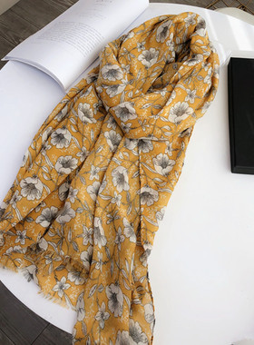 薄款黄色碎花棉麻围巾披肩两用夏季遮阳防晒披肩沙滩丝巾女士纱巾