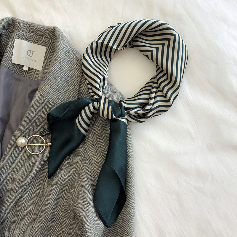 韩国洋气百搭墨绿色条纹小方巾 网红丝巾女装饰ins领巾春秋冬薄款
