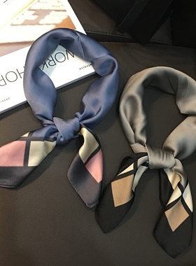 韩国春秋冬大格子蓝色小方巾大气灰色百搭小丝巾职业装工作服领巾