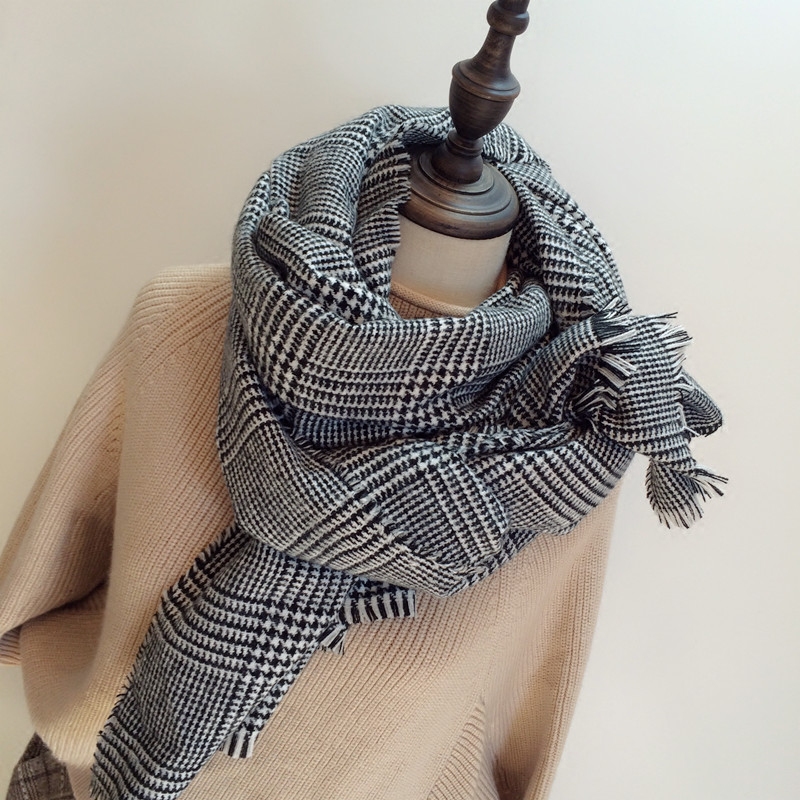 欧美黑白格子围巾女 冬天长款千鸟格男士围脖冬季保暖大披肩