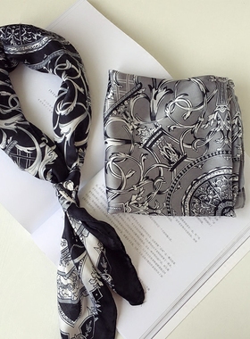 新款时尚印花滑料小方巾百搭黑灰色小丝巾装饰围巾男女领巾发带