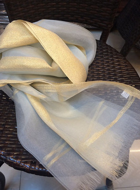 春秋季真丝欧根纱防晒围巾披肩桑蚕丝拼金丝大格子蓬松款丝巾紫色