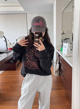 7AM10PM黑色美式复古卫衣女圆领2022秋冬新款长袖外套宽松上衣女