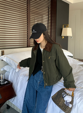 7AM10PM 时尚休闲军绿色短外套女 做旧水洗工装夹克上衣夹棉外套