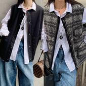 7AM10PM 双面穿民族风摇粒绒马甲 复古灰提花背心坎肩马甲外套女