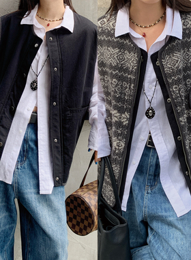 7AM10PM 双面穿民族风摇粒绒马甲 复古灰提花背心坎肩马甲外套女