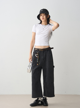 7AM10PM 小个子宽松直筒九分裤女 黑色廓形九分牛仔裤显瘦休闲裤