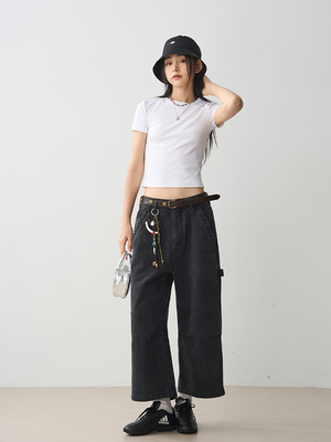 黑色廓形新款百搭九分牛仔裤