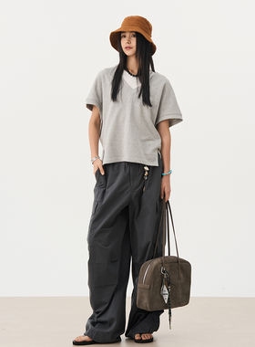 7AM10PM 灰色挂绳工装休闲裤女 2024秋季大口袋宽松纯棉阔腿长裤