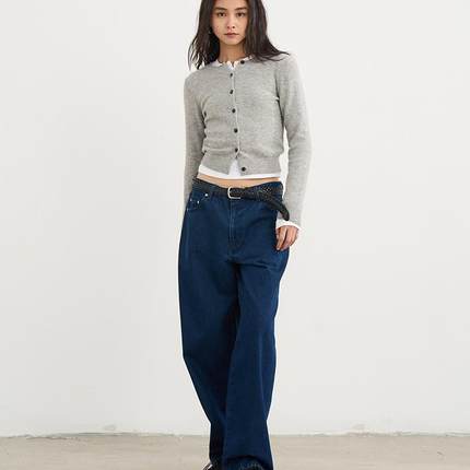 7AM10PM 高级灰色羊毛开衫 百搭圆领毛衣女 100%全羊毛针织外套