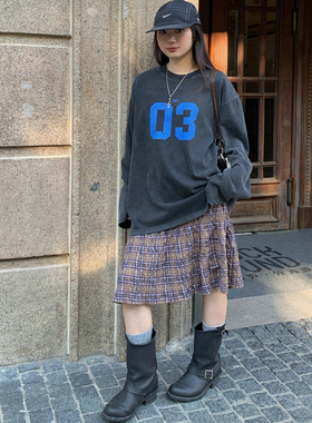 7AM10PM复古黑色3号印花长袖T恤女 圆领水洗做旧纯棉上衣oversize