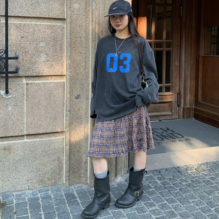 7AM10PM复古黑色3号印花长袖T恤女 圆领水洗做旧纯棉上衣oversize