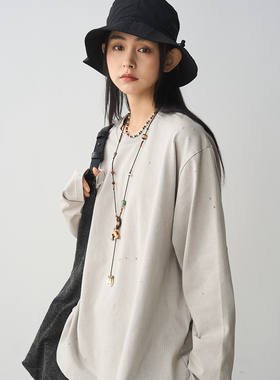 7AM10PM 小众设计破洞做旧洗水长袖T恤女浅灰色百搭宽松休闲上衣