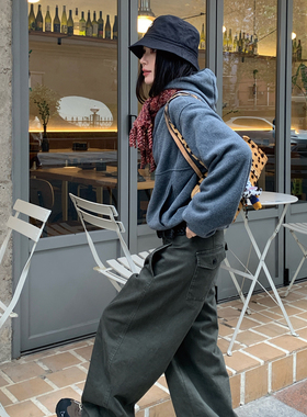 7AM10PM 简约百搭绿色直筒工装裤女 新款纯棉休闲宽松直筒长裤潮