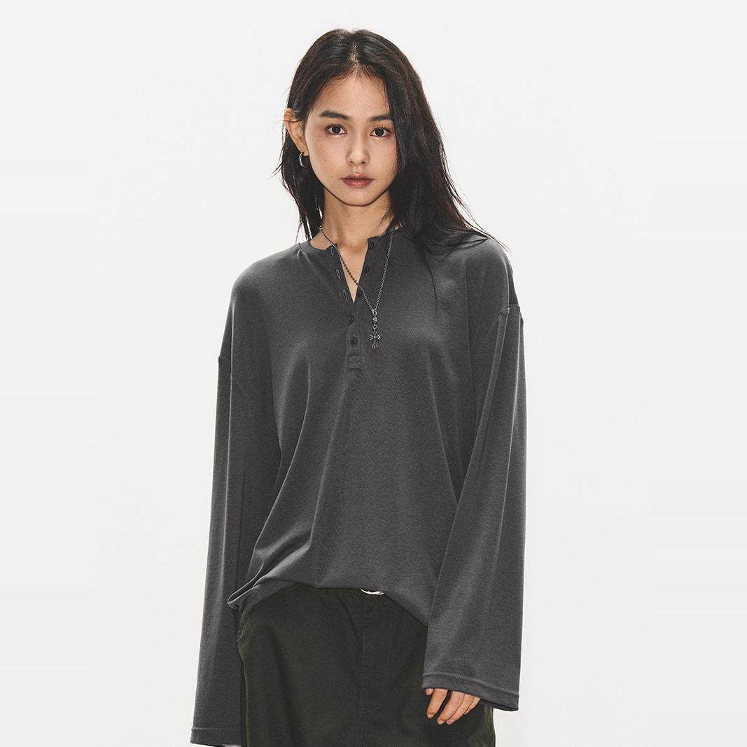 灰色半门襟亨利领廓形长袖T恤