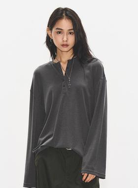 7AM10PM 简约宽松亨利领长袖T恤女 灰色半门襟打底衫气质上衣