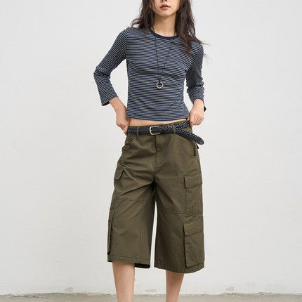 7AM10PM 百搭绿色四袋工装七分裤女 小个子宽松直筒七分裤显瘦潮