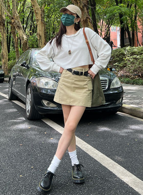 7AM10PM百搭短款华夫格长袖防晒T恤女休闲宽松白色上衣显瘦打底衫