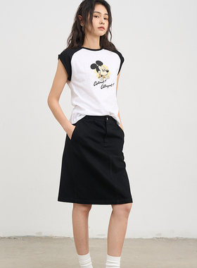 7AM10PM 复古黑色水洗牛仔裙 百搭全棉五分裙中裙 气质半身裙子