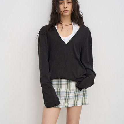 7AM10PM 夏季多巴胺绿白格短裙女 100.%纯亚麻格子半裙A字小短裙