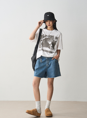 7AM10PM 复古猫须边直筒显瘦牛仔短裤女显瘦分割线五分裤白色短裤