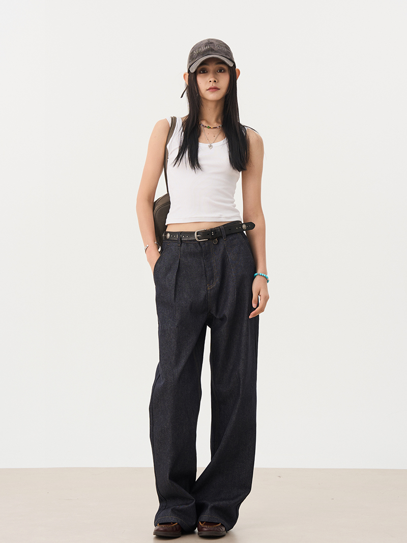 时髦原色牛仔裤宽松显瘦长裤