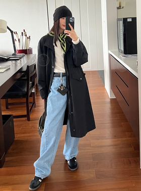 7AM10PM 廓形多口袋派克服风衣外套女高级感黑色小个子中长款大衣