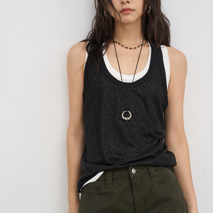 7AM10PM 仿天丝垂感微透真两件撞色背心女 休闲显瘦黑+白真两件套