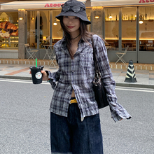 7AM10PM 设计感小众高温皱洗衬衣女 百搭蓝格子长袖合身衬衫防晒