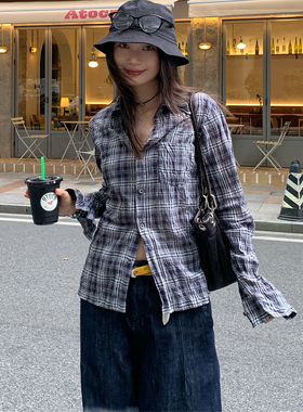 7AM10PM 设计感小众高温皱洗衬衣女 百搭蓝格子长袖合身衬衫防晒