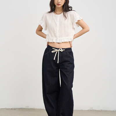 原色蓝弯刀牛仔裤抽绳直筒长裤