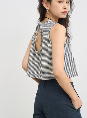 7AM10PM高级感黑白条纹水滴形露背背心 亚麻挂脖上衣吊带前后两穿