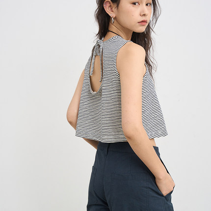 7AM10PM高级感黑白条纹水滴形露背背心 亚麻挂脖上衣吊带前后两穿