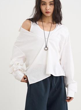 7AM10PM 设计感小众白色深V领亚麻衬衣罩衫 春夏宽松衬衫女上衣