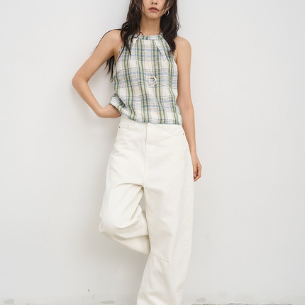 7AM10PM夏季多巴胺绿白格挂脖背心上衣 高级感亚麻无袖内搭吊带衫