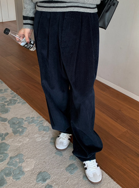 7AM10PM藏青色灯芯绒阔腿长裤女2022秋冬新款宽松百搭垂感休闲裤