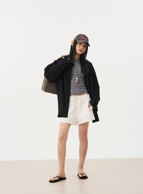 7AM10PM 白色纯棉质感抽绳短裤   2024夏季简约百搭 廓形运动短裤