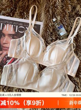 缎面复古蕾丝内衣女大胸显小桑蚕丝透气薄款软钢圈兔耳朵杯文胸罩