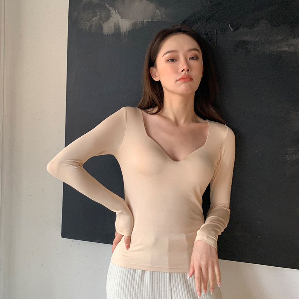 패딩 컵 로우 칼라 자체 발열 심리스 바닥 셔츠 가을 코트 모달 탑이 있는 여성용 가을 겨울 보온 속옷