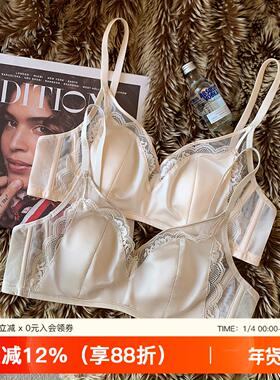 缎面复古蕾丝内衣女大胸显小桑蚕丝透气薄款软钢圈兔耳朵杯文胸罩