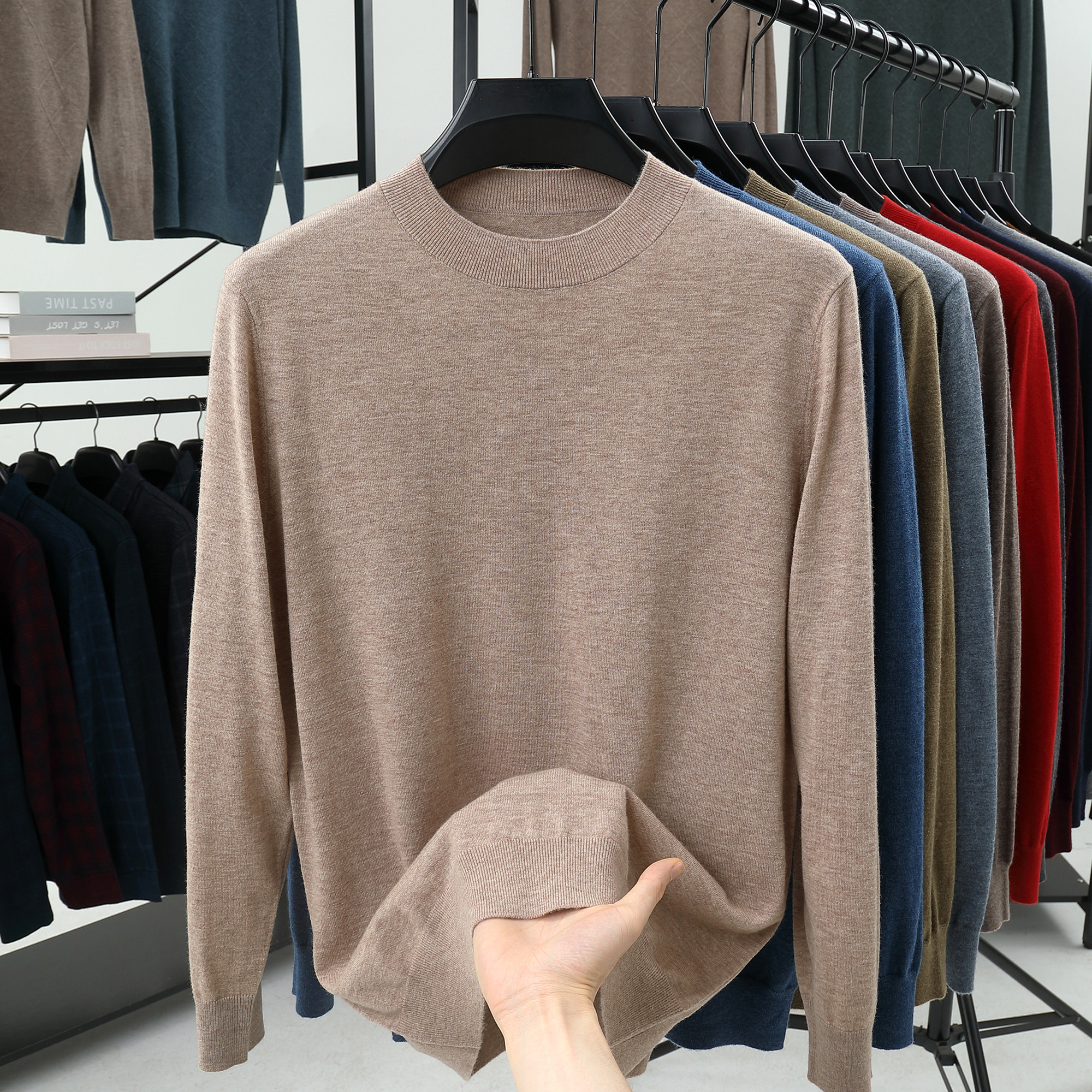 【100%澳洲美丽诺羊毛】16针薄款半高领羊毛衫男针织中领毛衣亲肤