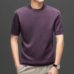 280克【100%美丽诺+四平中厚】精纺短袖羊毛衫男半高领半袖毛衣