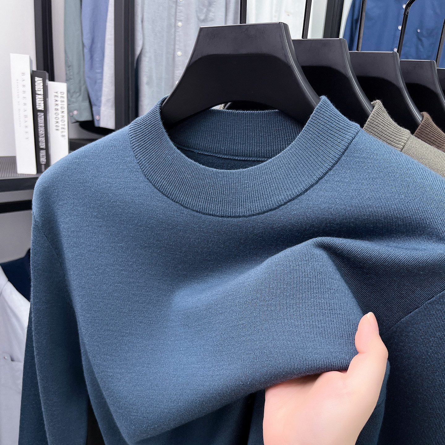 450克【100%精纺美丽诺羊毛+四平加厚可机洗羊毛衫男双层圆领毛衣