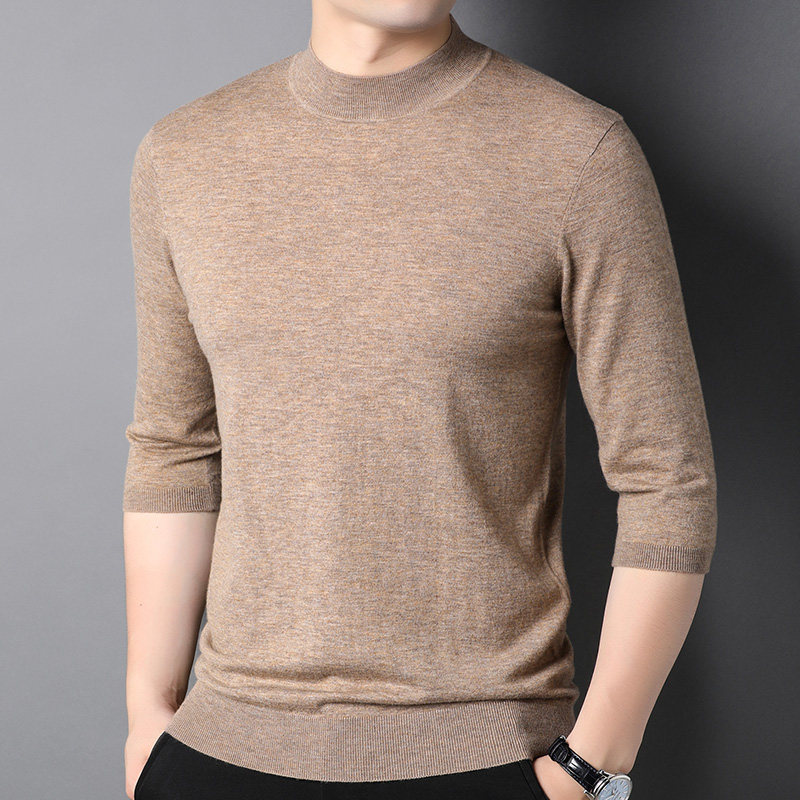 【七分袖+100%美丽诺羊毛】薄款半高领男打底羊毛衫纯色中领毛衣