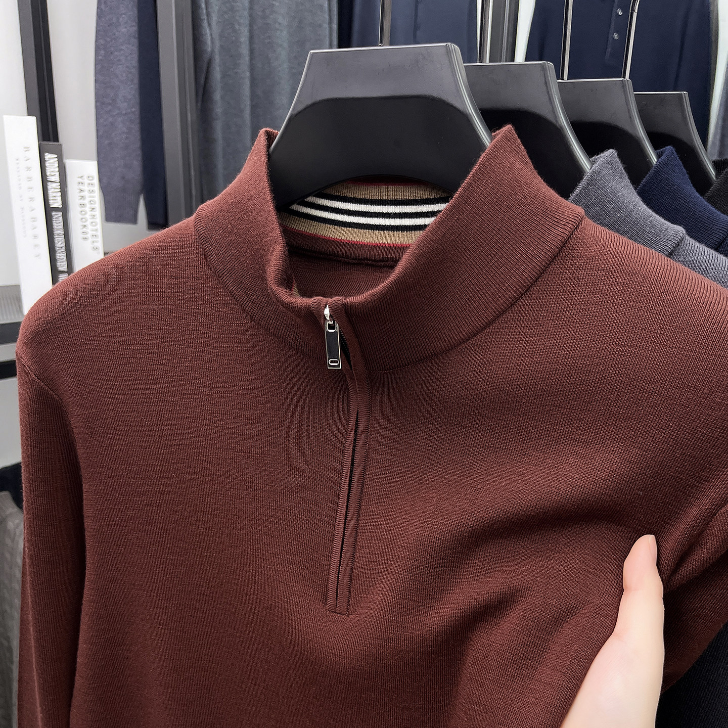 【精纺澳洲羊毛+四平中厚款】高密拉链半高领羊毛衫男纯色毛衣