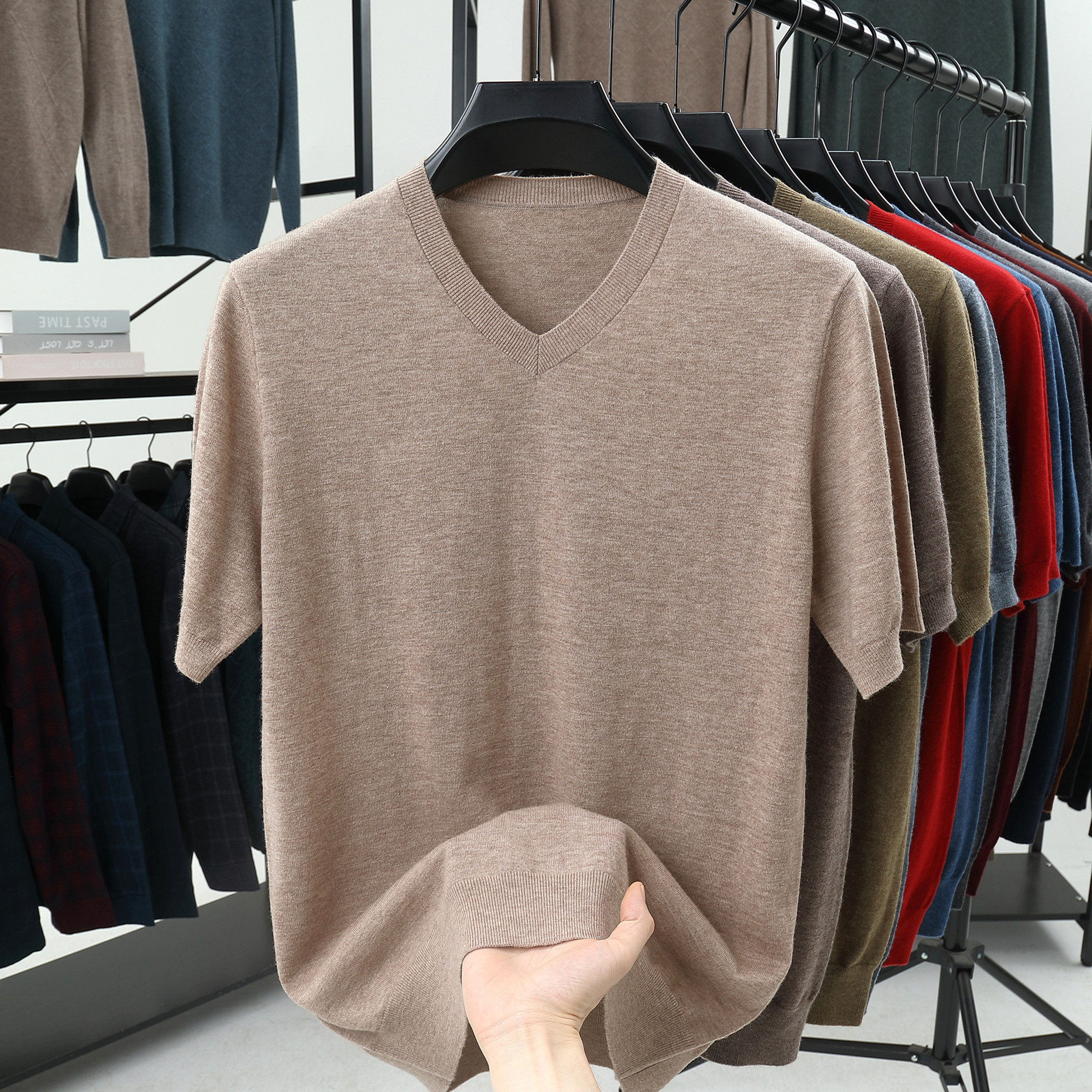 【100%澳洲美丽诺羊毛】16针薄款鸡心V领短袖羊毛衫针织半袖毛衣,男装,针织衫/毛衣,淘宝优惠券,粉丝福利购,淘宝优惠卷