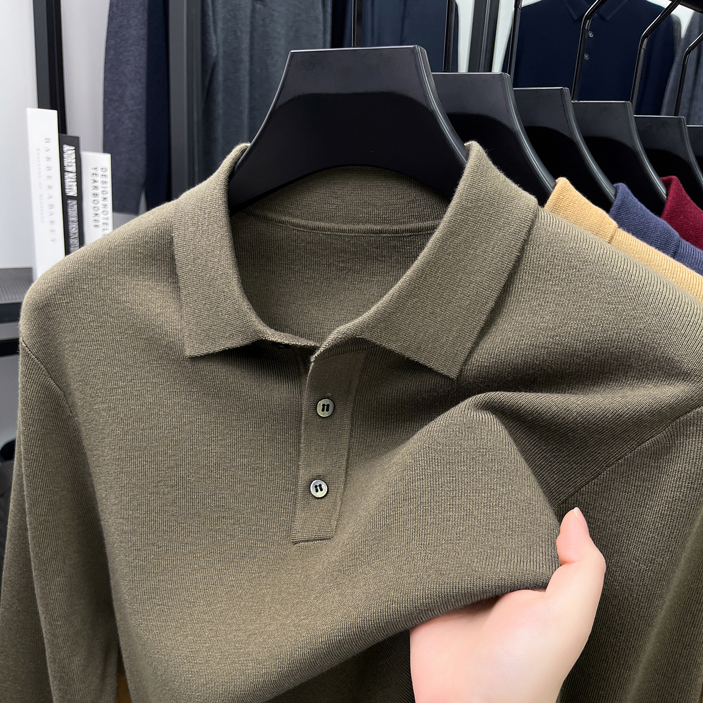 四平加厚【桑蚕丝+山羊绒】可机洗丝羊绒毛衣男翻领针织T恤衫厚款